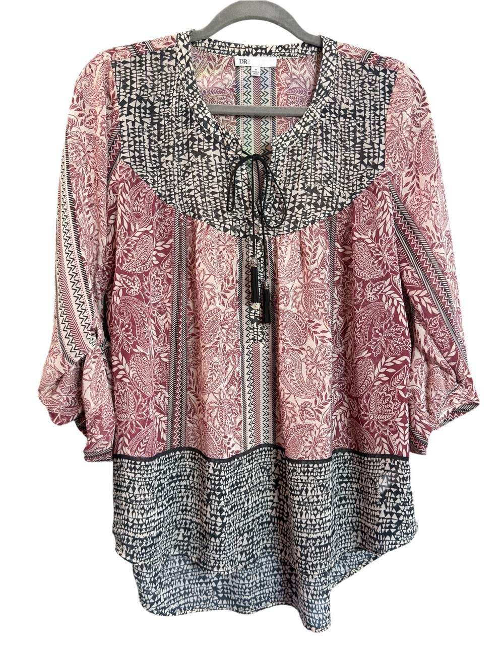 DR2 Boho Paisley Print Peasant Blouse Hi-Lo Hem Tie Neck Tassel Medium